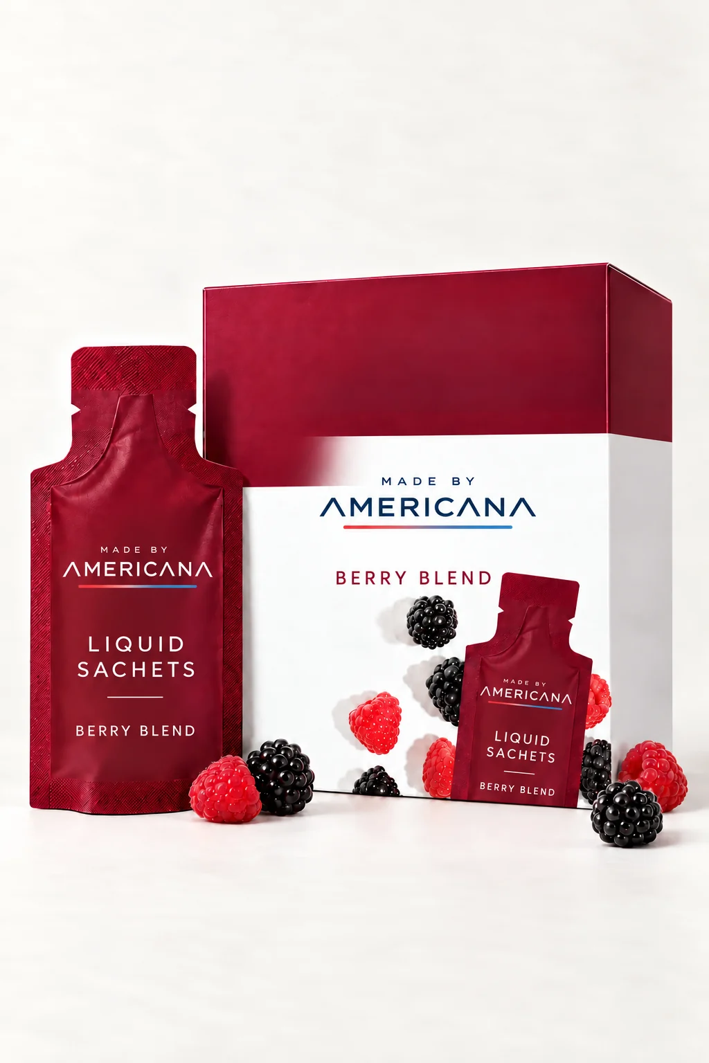 Made By Americana berry liquid sachet box with individual sachets