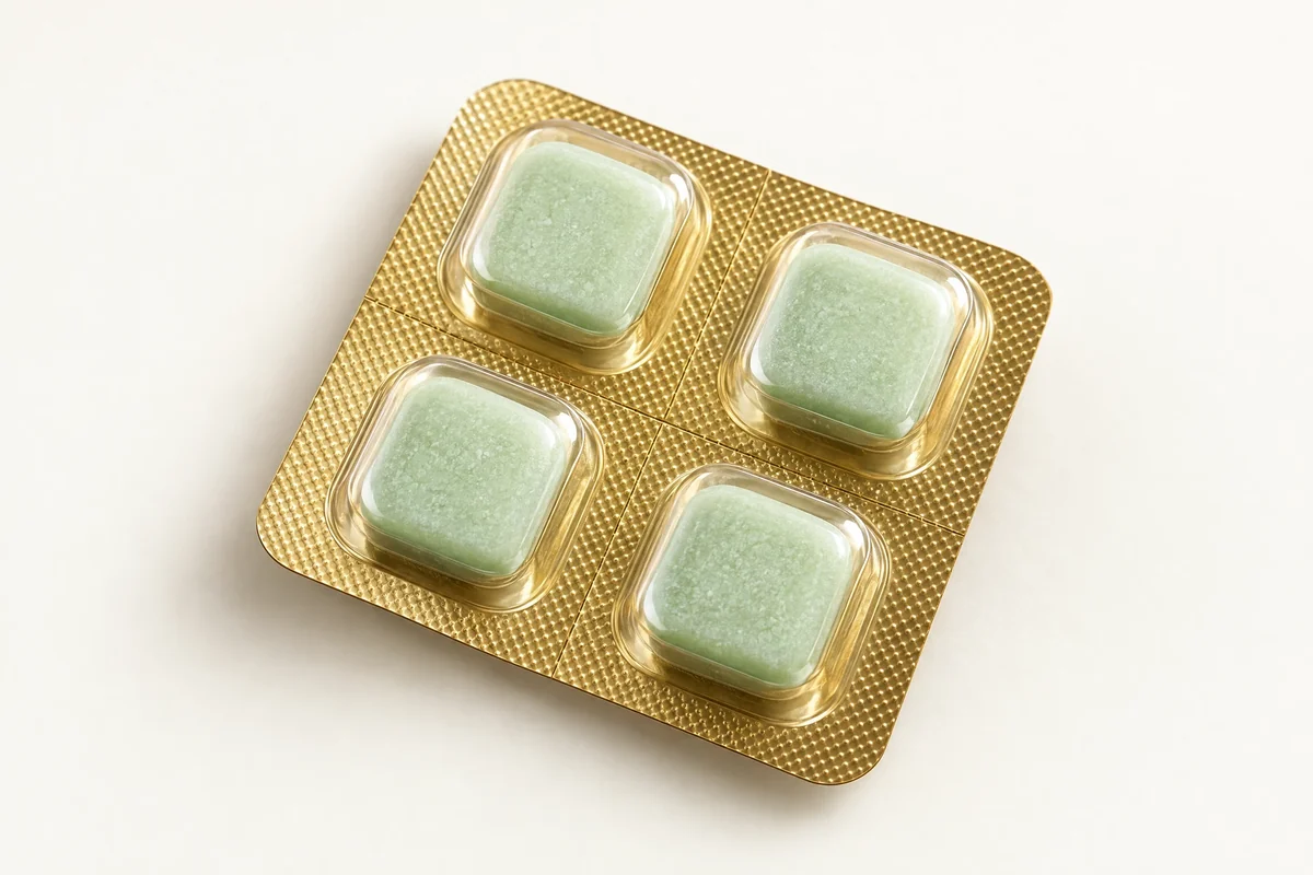Generic pale mint-green lozenges in a gold blister pack