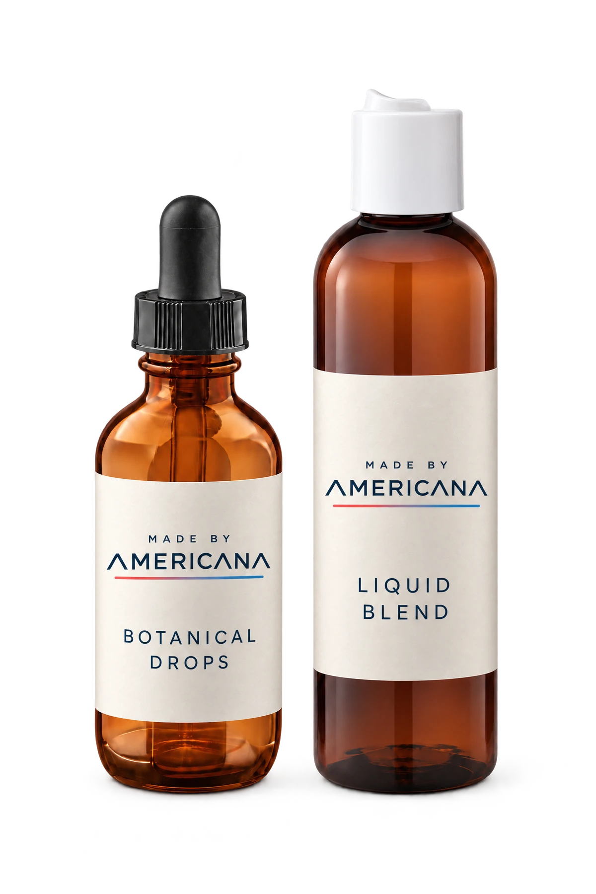 Made By Americana amber dropper tincture and liquid bottle with branded labels
