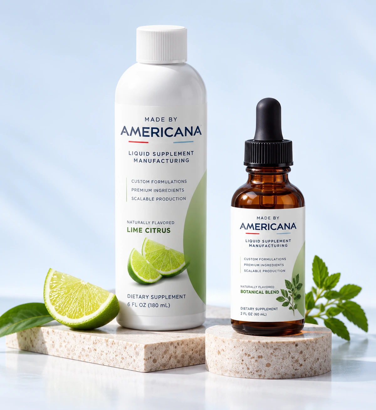 Made By Americana Lime Citrus liquid supplement bottle and Botanical Blend dropper tincture with lime and herbs
