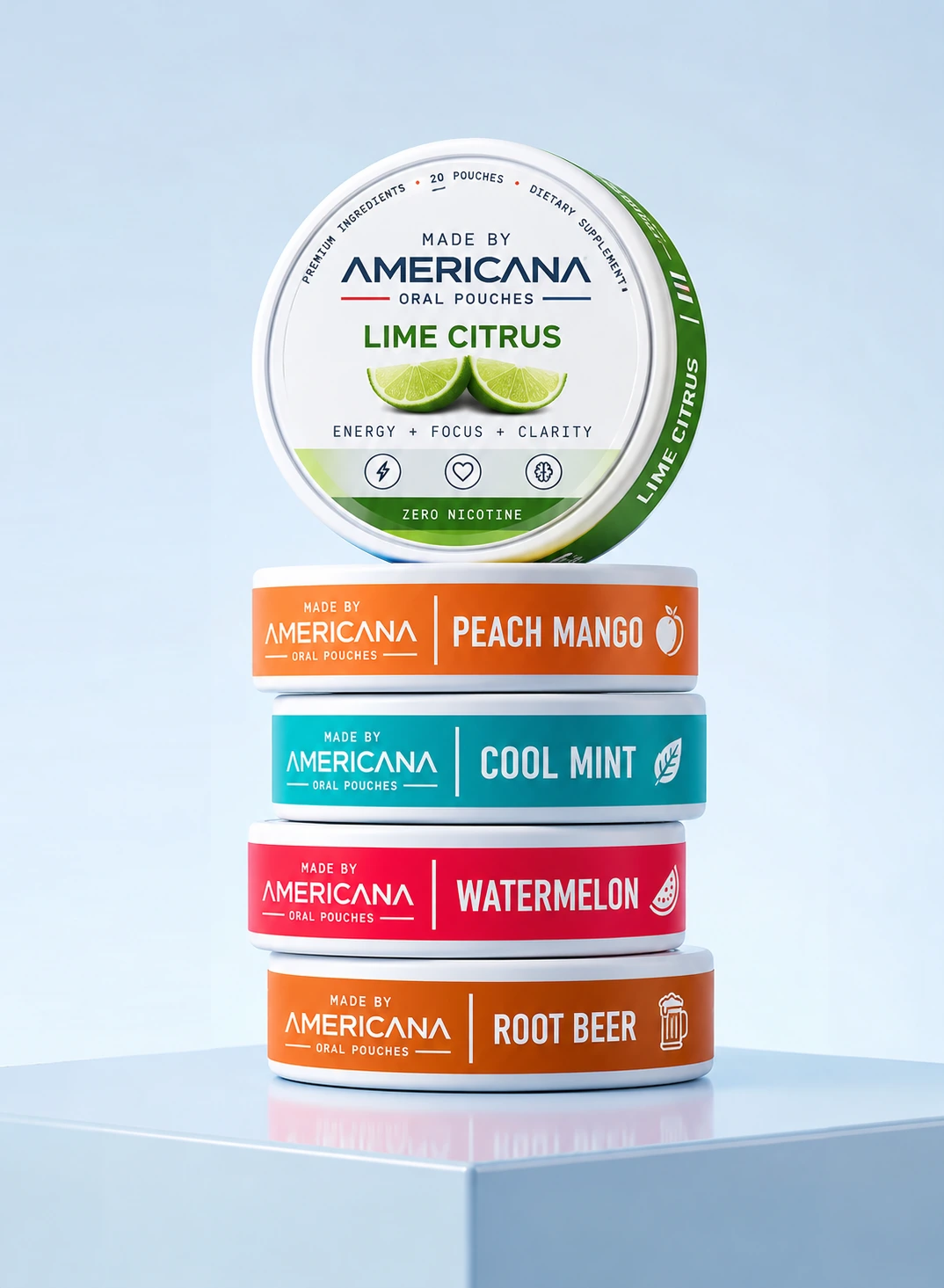 Made By Americana oral pouch tins in Lime Citrus, Peach Mango, Cool Mint, Watermelon and Root Beer, stacked on a pale blue background